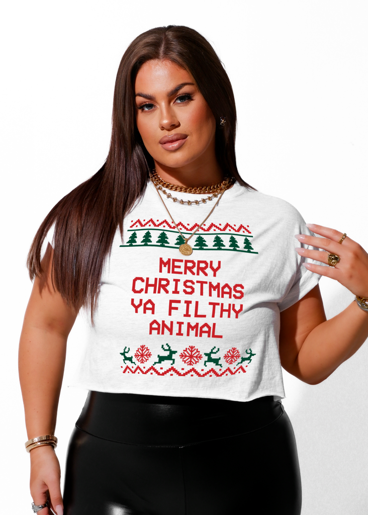 pebby forevee Side Slit Tee CROPPED MERRY CHRISTMAS YA FILTHY ANIMAL GRAPHIC TEE