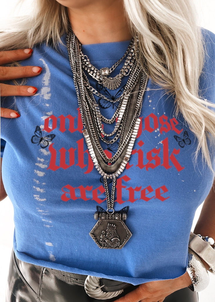 pebby forevee Side Slit Tee CROPPED ONLY THOSE WHO RISK ARE FREE BLEACHED OUT GRAPHIC TEE