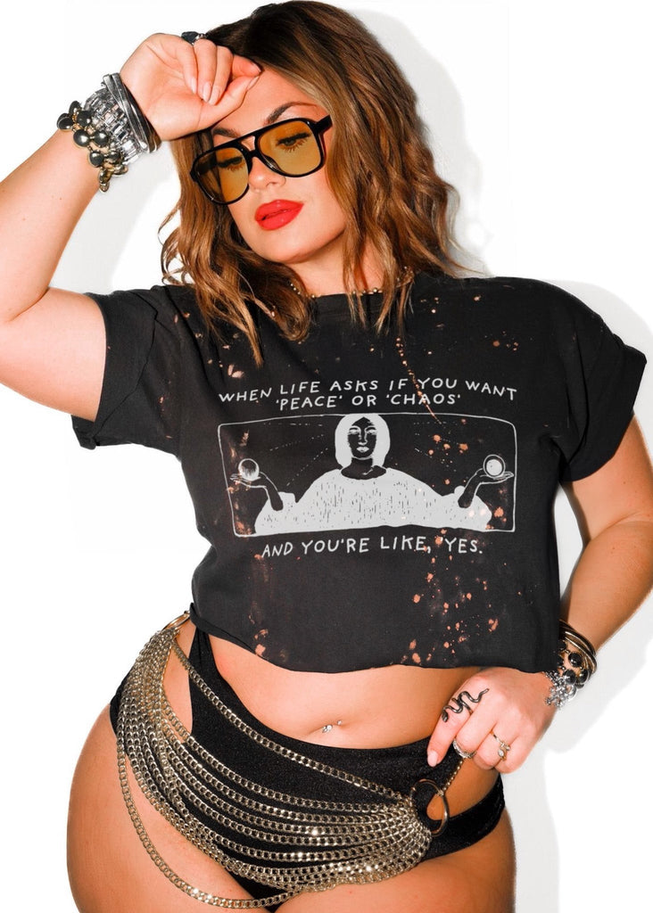 pebby forevee Side Slit Tee CROPPED PEACE OR CHAOS BLEACHED OUT GRAPHIC TEE