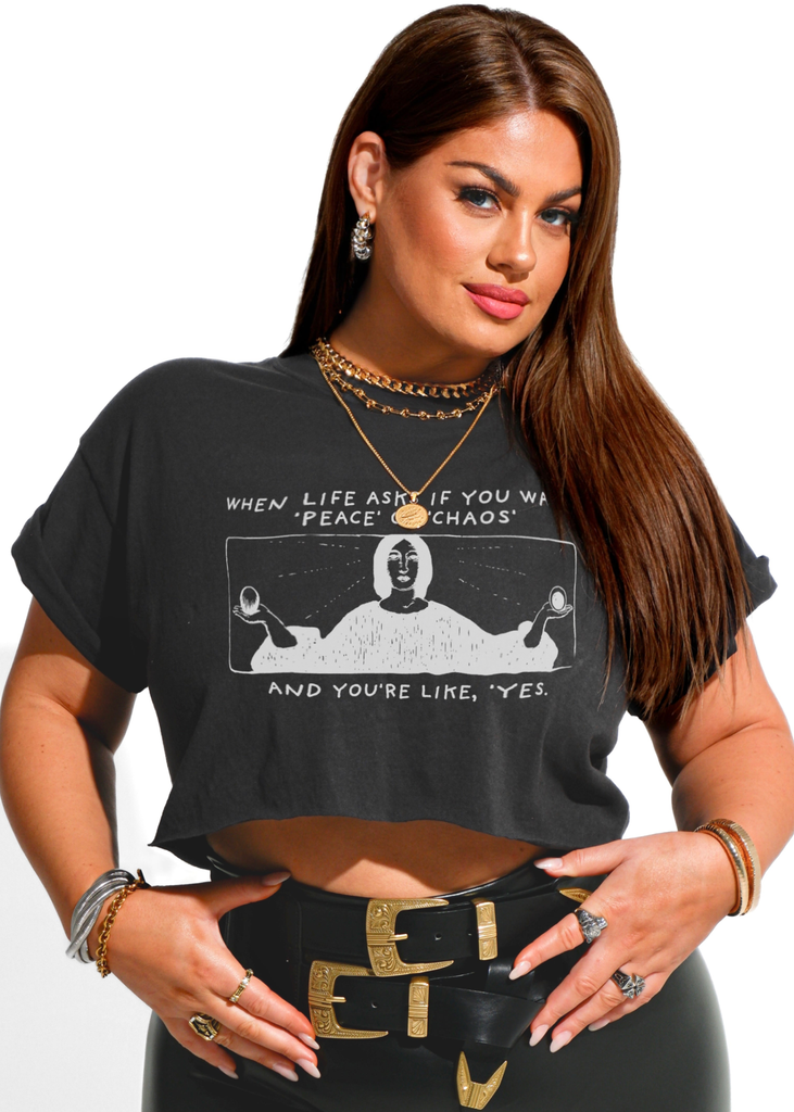 pebby forevee Side Slit Tee CROPPED PEACE OR CHAOS GRAPHIC TEE