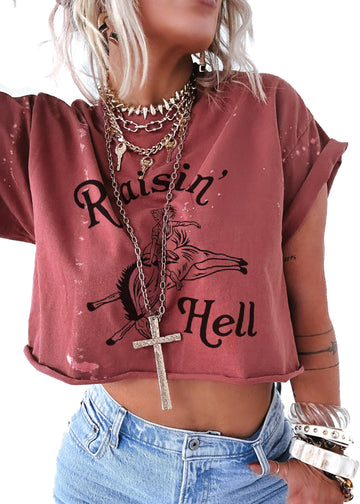 pebby forevee Side Slit Tee CROPPED RAISIN' HELL BLEACHED OUT GRAPHIC TEE