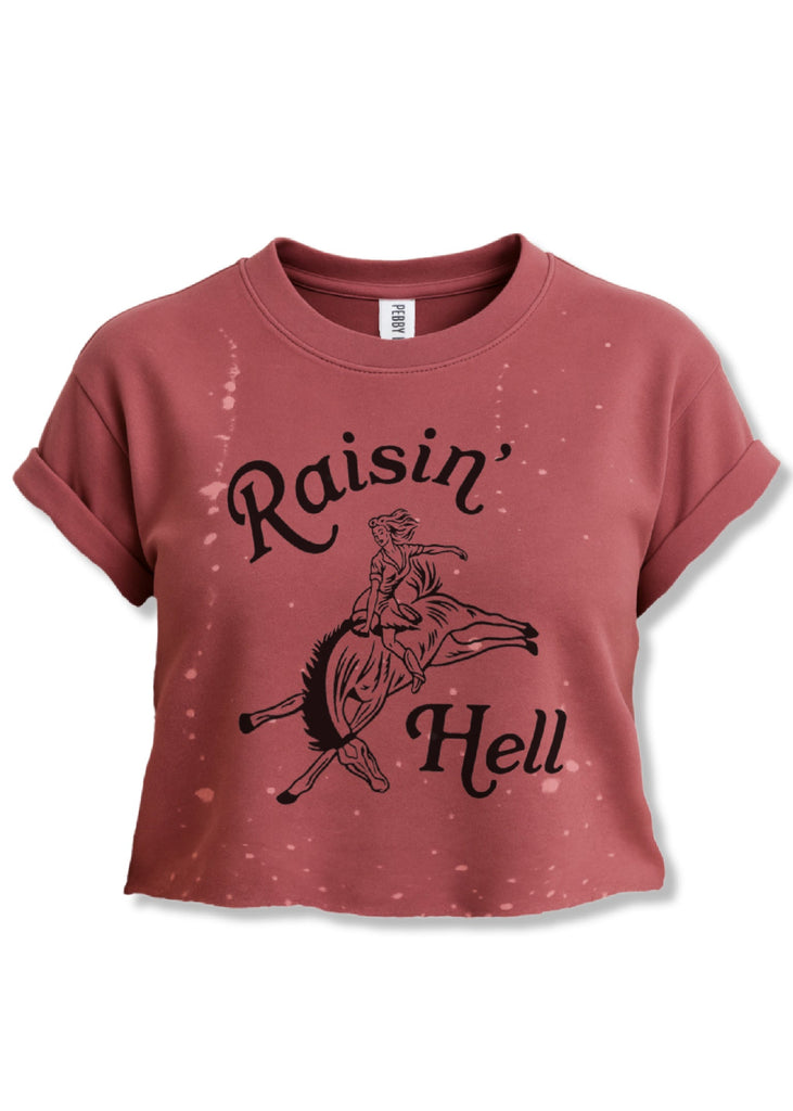 pebby forevee Side Slit Tee CROPPED RAISIN' HELL BLEACHED OUT GRAPHIC TEE