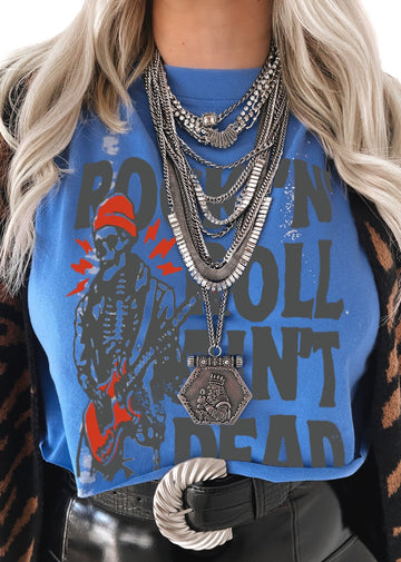 pebby forevee Side Slit Tee CROPPED ROCK 'N ROLL AIN'T DEAD BLEACHED OUT GRAPHIC TEE
