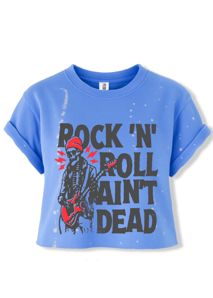 pebby forevee Side Slit Tee CROPPED ROCK 'N ROLL AIN'T DEAD BLEACHED OUT GRAPHIC TEE