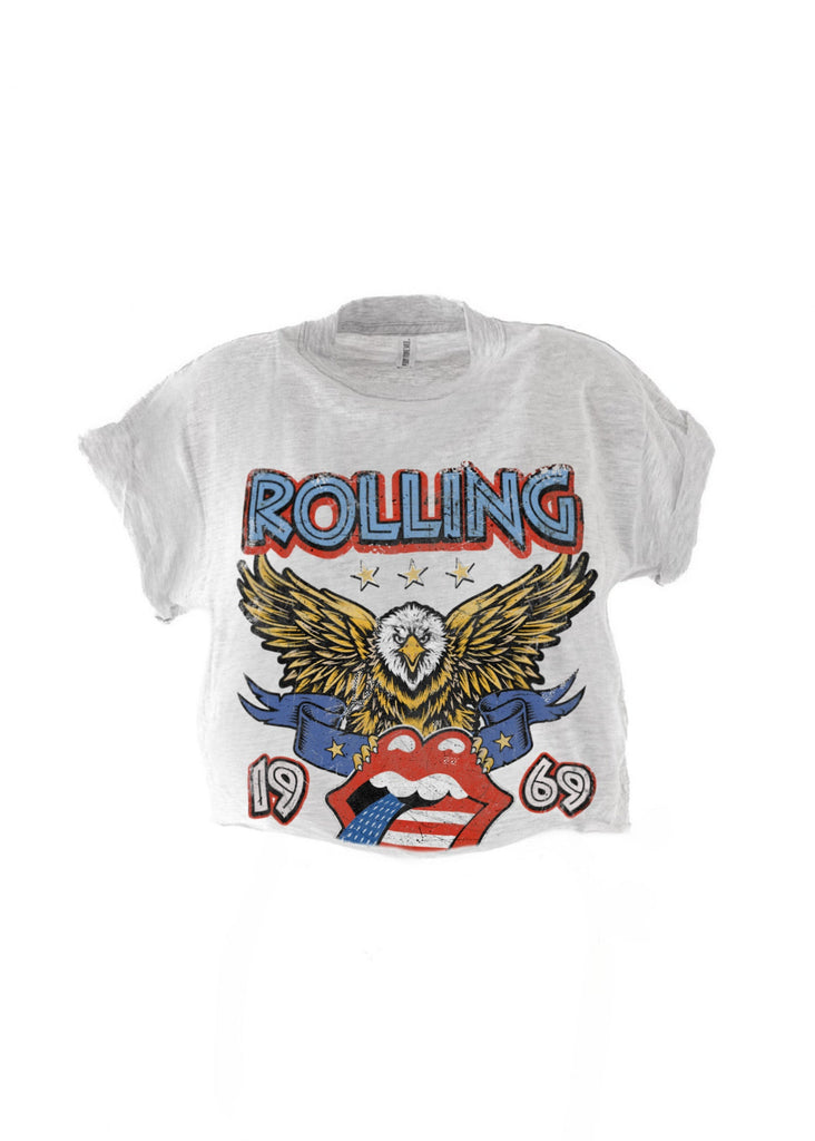 pebby forevee Side Slit Tee CROPPED ROLLING AMERICAN TOUR GRAPHIC TEE