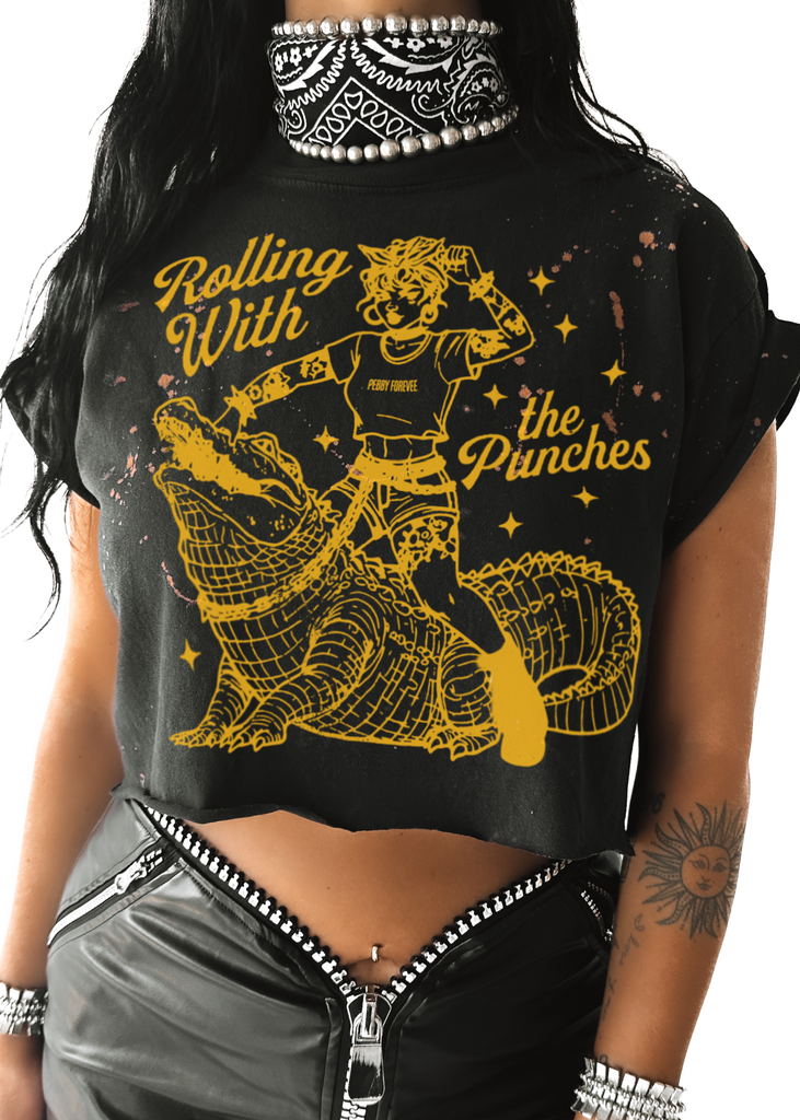 pebby forevee Side Slit Tee CROPPED ROLLING WITH THE PUNCHES BLEACHED OUT GRAPHIC TEE