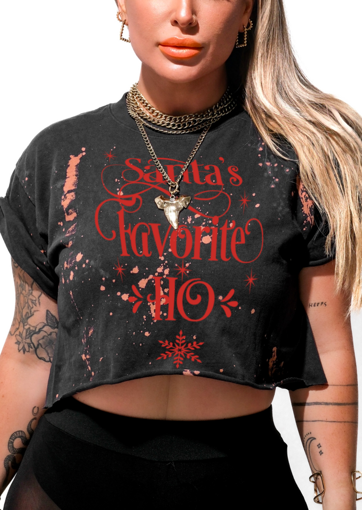 pebby forevee Side Slit Tee CROPPED SANTA'S FAVORITE HO BLEACHED OUT GRAPHIC TEE