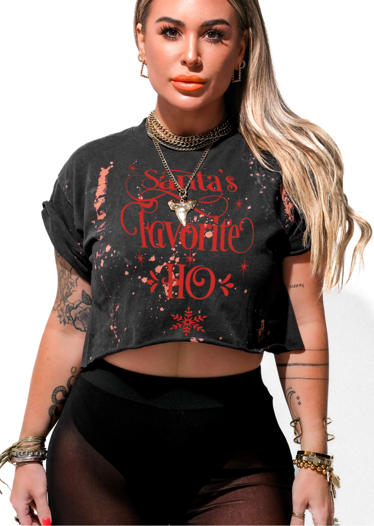 pebby forevee Side Slit Tee CROPPED SANTA'S FAVORITE HO BLEACHED OUT GRAPHIC TEE