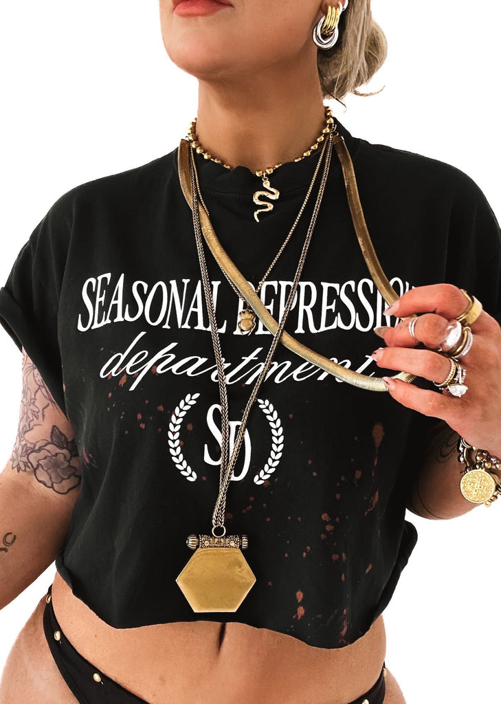pebby forevee Side Slit Tee CROPPED SEASONAL DEPRESSION DEPARTMENT BLEACHED OUT GRAPHIC TEE