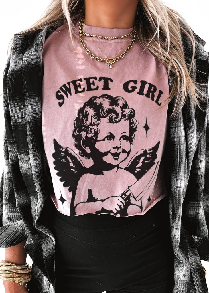 pebby forevee Side Slit Tee CROPPED SWEET GIRL WITH ANGER ISSUES BLEACHED OUT GRAPHIC TEE