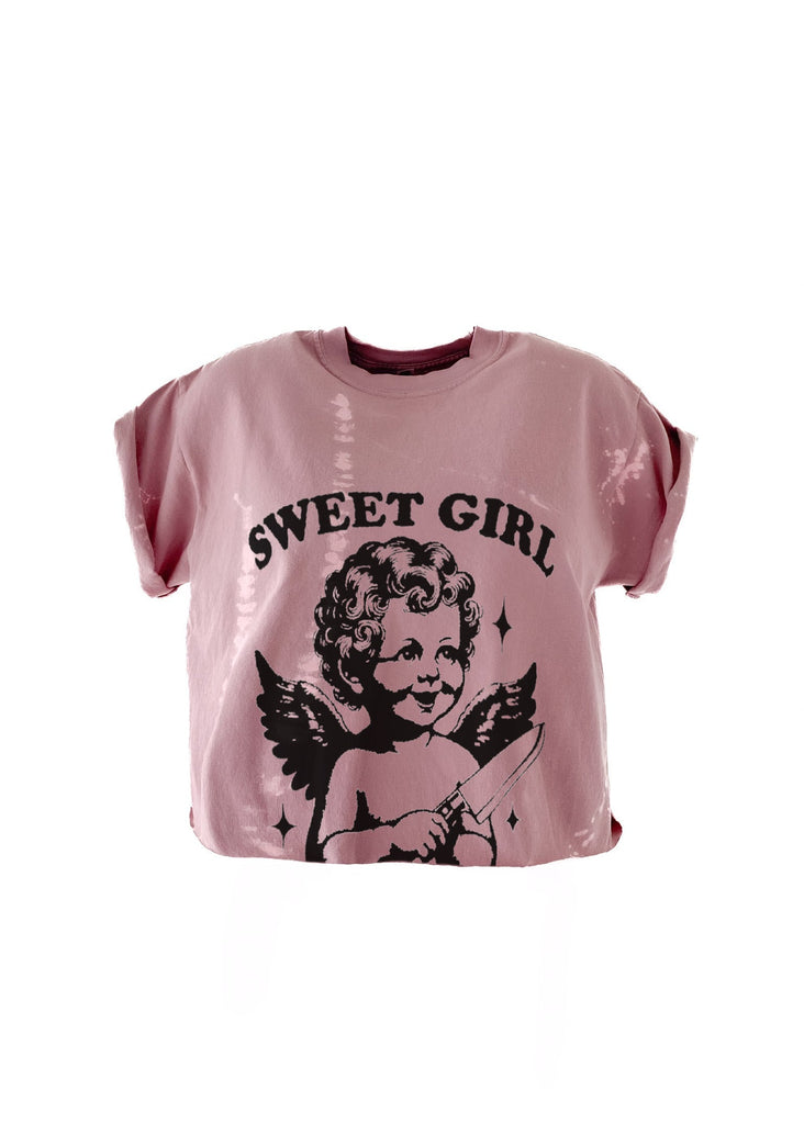 pebby forevee Side Slit Tee CROPPED SWEET GIRL WITH ANGER ISSUES BLEACHED OUT GRAPHIC TEE