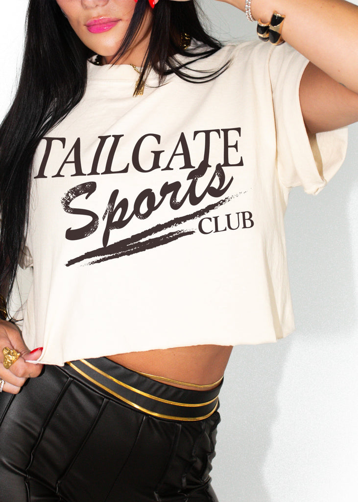 pebby forevee Side Slit Tee CROPPED TAILGATE SPORTS CLUB GRAPHIC TEE (BLACK)