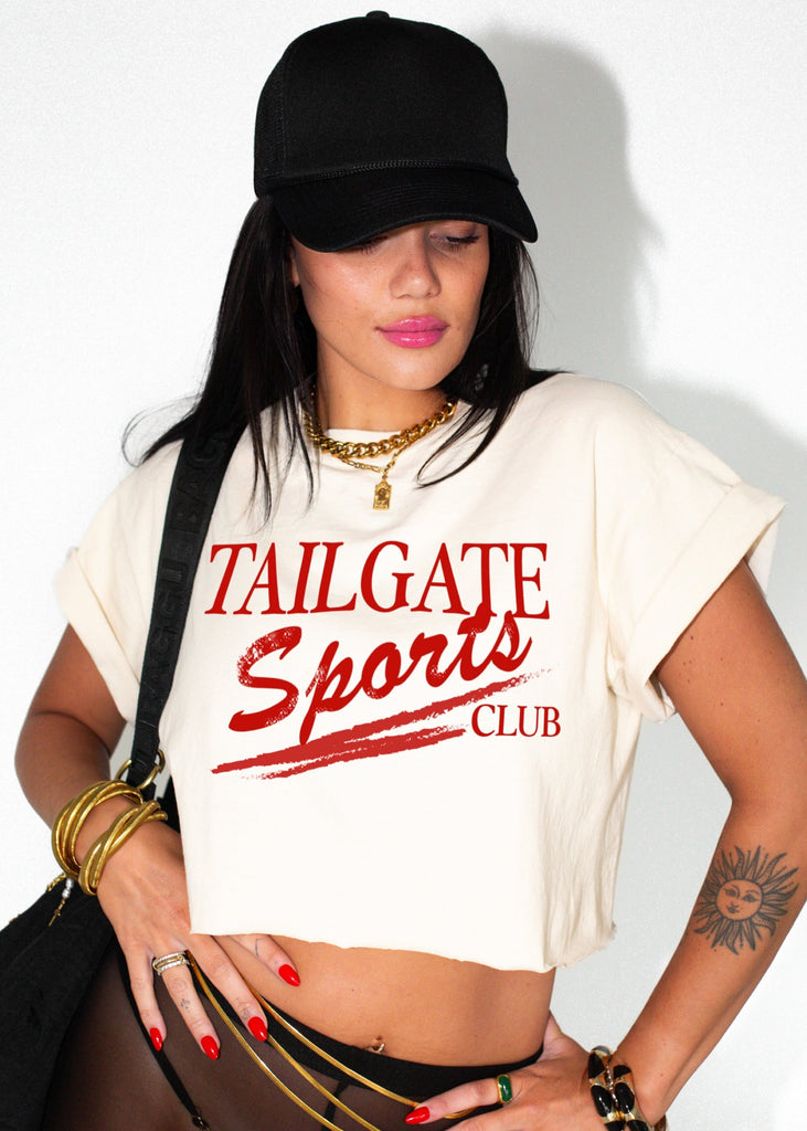 pebby forevee Side Slit Tee CROPPED TAILGATE SPORTS CLUB (RED) GRAPHIC TEE