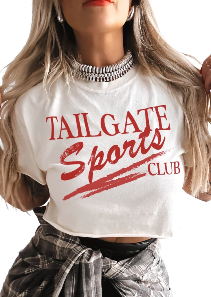 pebby forevee Side Slit Tee CROPPED TAILGATE SPORTS CLUB (RED) GRAPHIC TEE