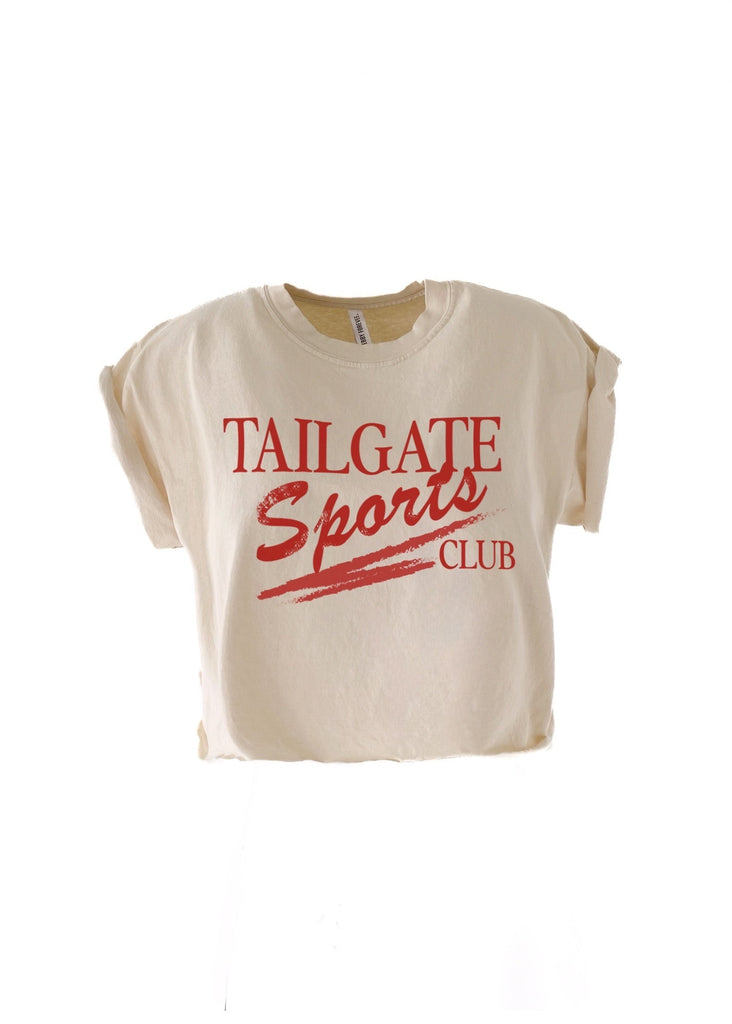 pebby forevee Side Slit Tee CROPPED TAILGATE SPORTS CLUB (RED) GRAPHIC TEE