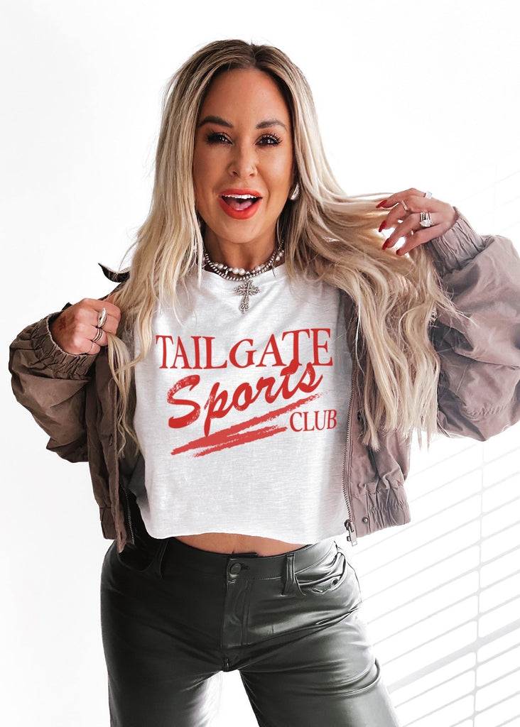 pebby forevee Side Slit Tee CROPPED TAILGATE SPORTS CLUB (RED) GRAPHIC TEE