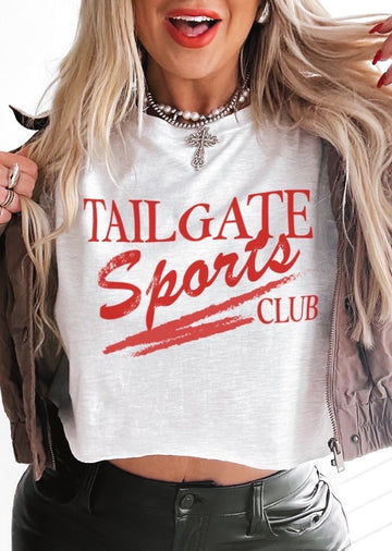 pebby forevee Side Slit Tee CROPPED TAILGATE SPORTS CLUB (RED) GRAPHIC TEE