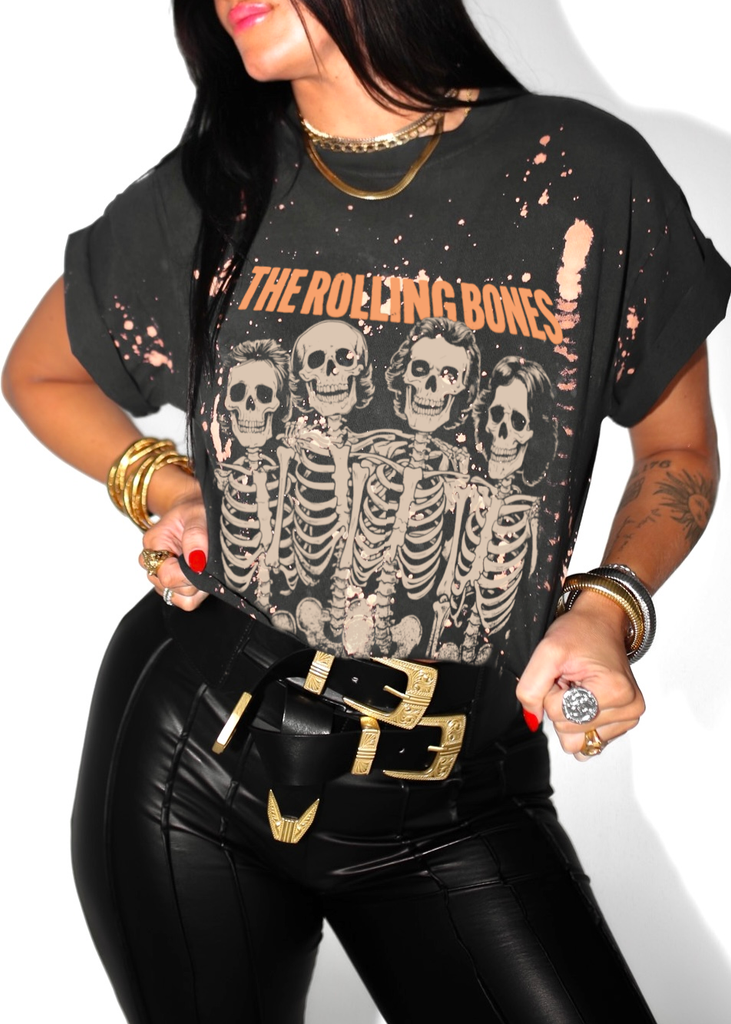 pebby forevee Side Slit Tee CROPPED THE ROLLING BONES BLEACHED OUT GRAPHIC TEE