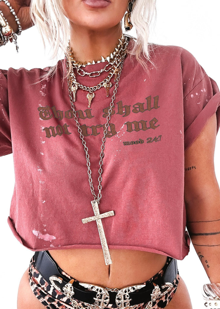 pebby forevee Side Slit Tee CROPPED THOU SHALL NOT TRY ME BLEACHED OUT GRAPHIC TEE