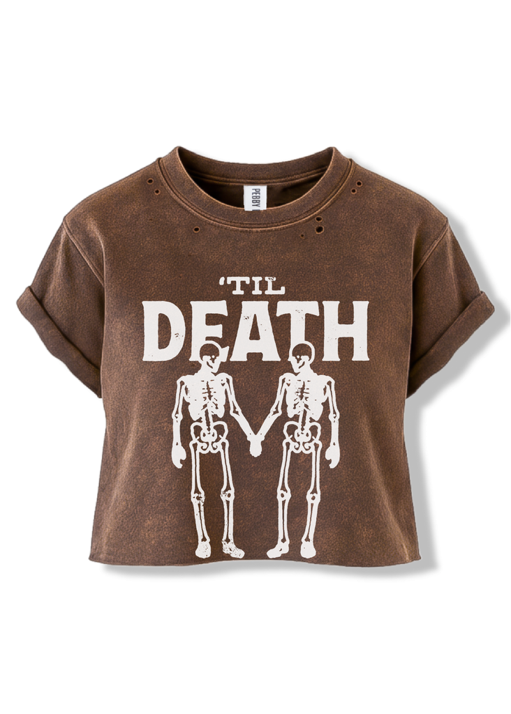 pebby forevee Side Slit Tee CROPPED 'TIL DEATH DESTRUCTED GRAPHIC TEE