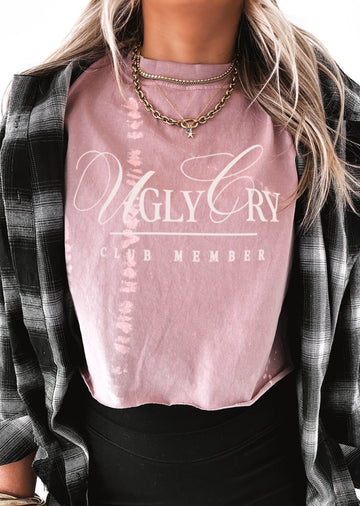 pebby forevee Side Slit Tee CROPPED UGLY CRY CLUB MEMBER BLEACHED OUT GRAPHIC TEE