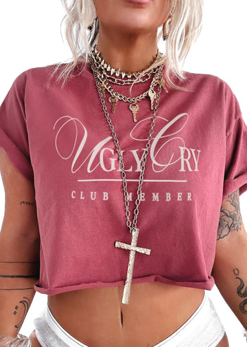 pebby forevee Side Slit Tee CROPPED UGLY CRY CLUB MEMBER GRAPHIC TEE