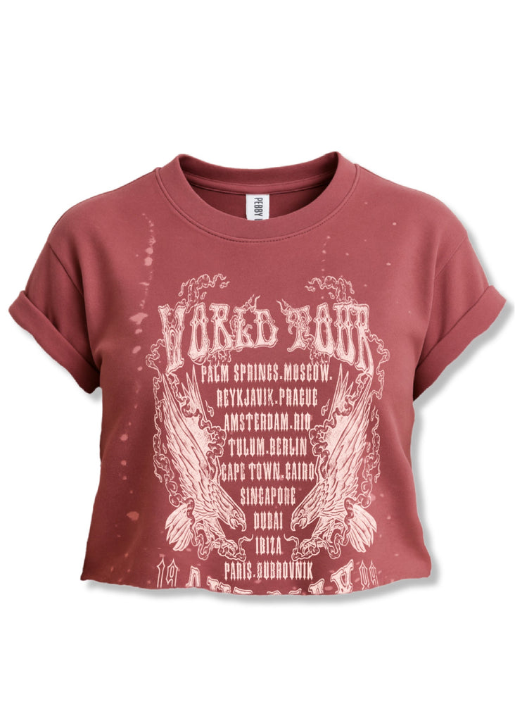 pebby forevee Side Slit Tee CROPPED WORLD TOUR BLEACHED OUT GRAPHIC TEE