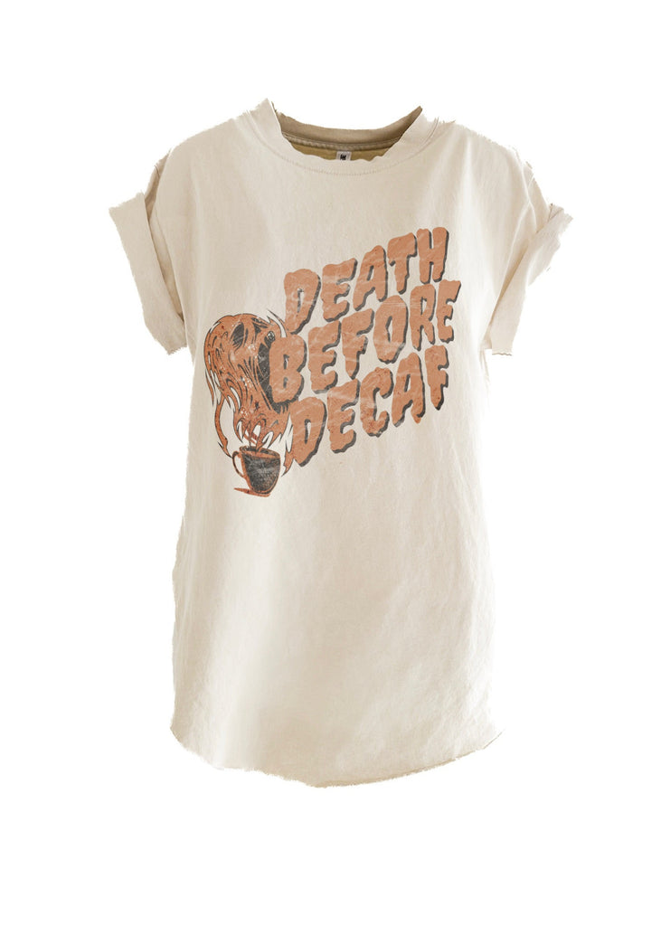 pebby forevee Side Slit Tee DEATH BEFORE DECAF (SPOOKY) SIDE SLIT TEE