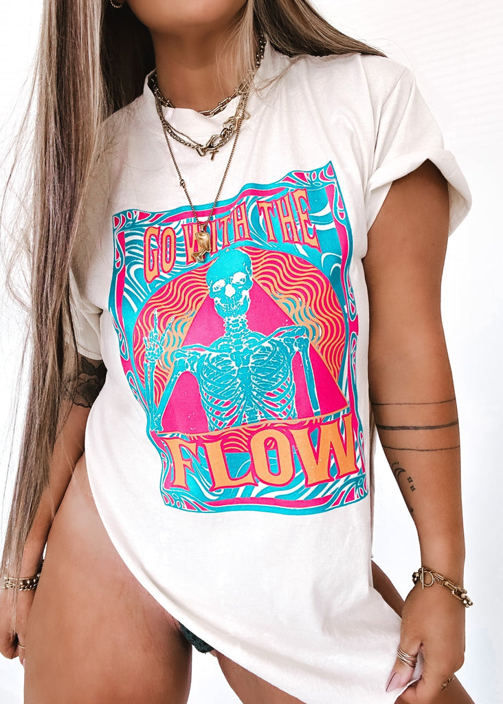 pebby forevee Side Slit Tee GO WITH THE FLOW (SKELETON) BLEACHED OUT SIDE SLIT TEE
