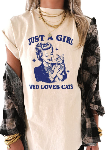 pebby forevee Side Slit Tee JUST A GIRL WHO LOVES CATS BLEACHED OUT SIDE SLIT TEE
