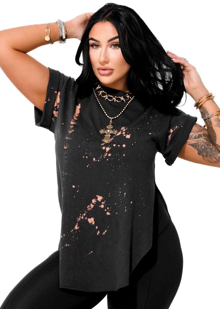 pebby forevee Side Slit Tee PEBBY BASICS BLEACHED OUT BLACK SIDE SLIT TEE