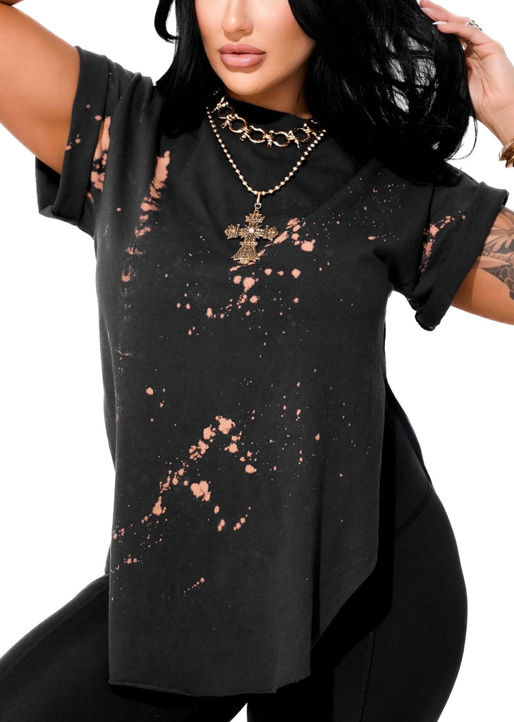 pebby forevee Side Slit Tee PEBBY BASICS BLEACHED OUT BLACK SIDE SLIT TEE