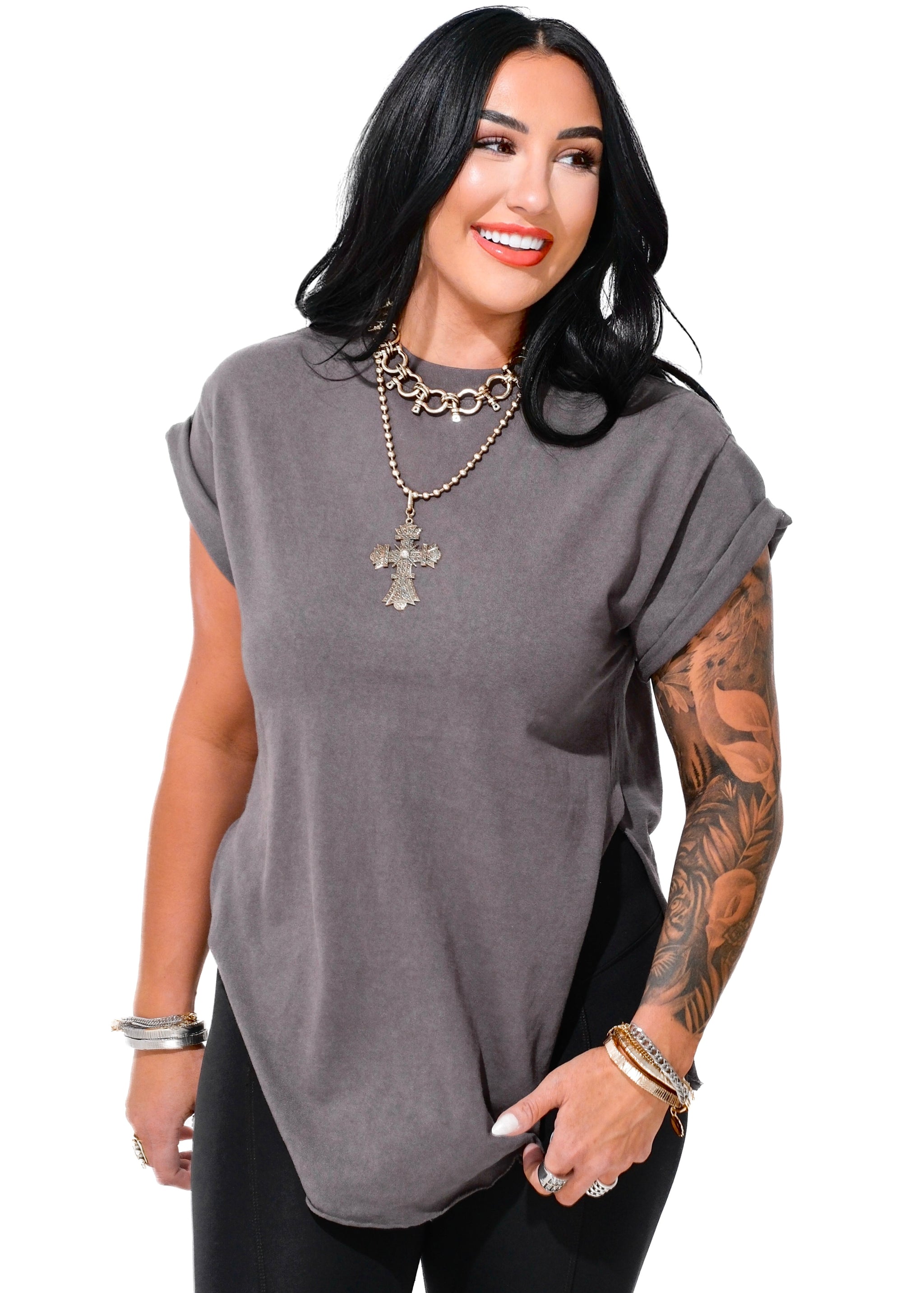 FINAL SALE: PEBBY BASICS STONE SIDE SLIT TEE – Pebby Forevee