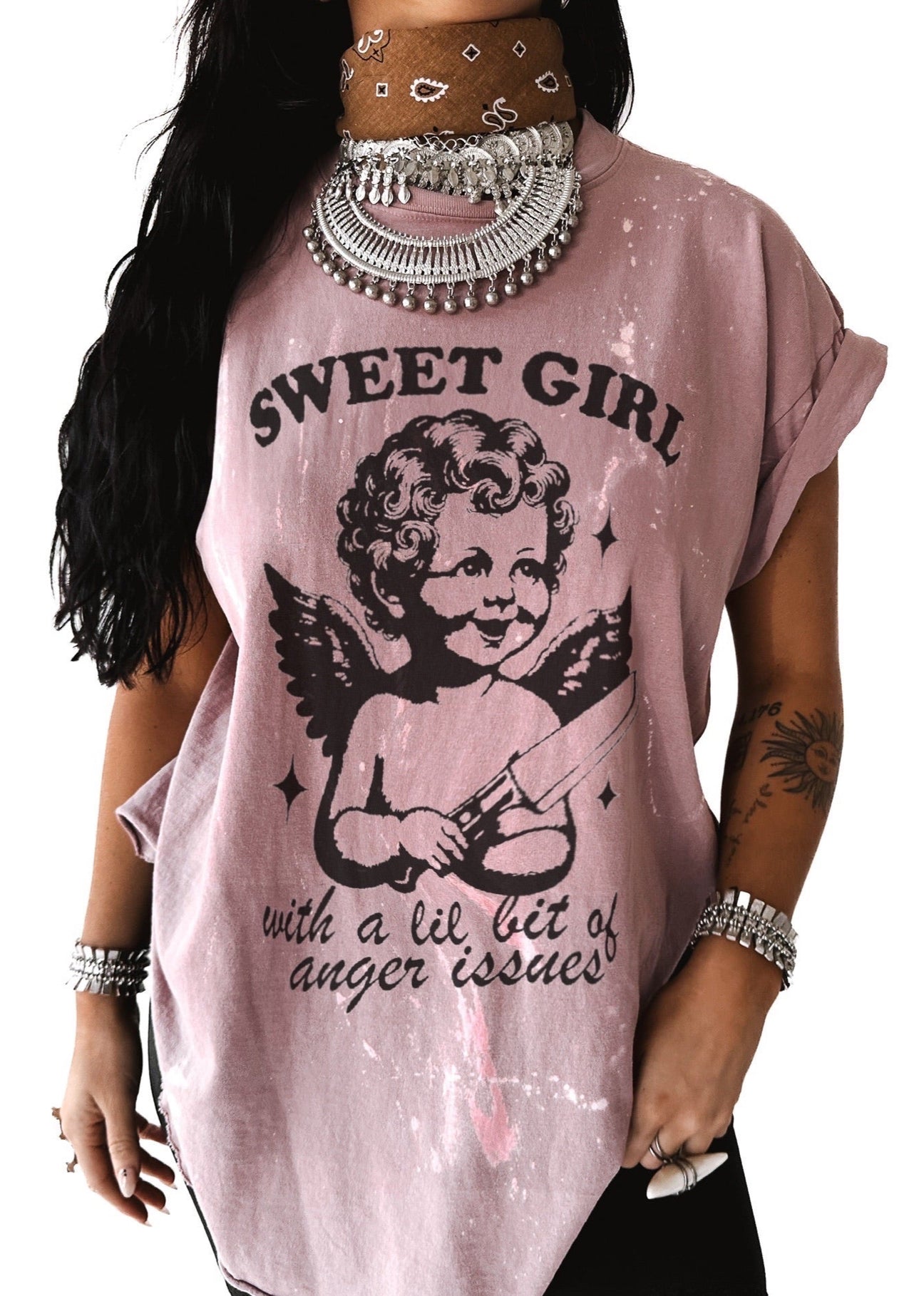 Pebby Forevee Side Slit Tee SWEET GIRL WITH ANGER ISSUES BLEACHED OUT SIDE SLIT TEE