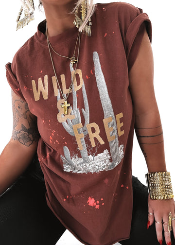 pebby forevee Side Slit Tee WILD AND FREE CACTUS BLEACHED OUT SIDE SLIT TEE