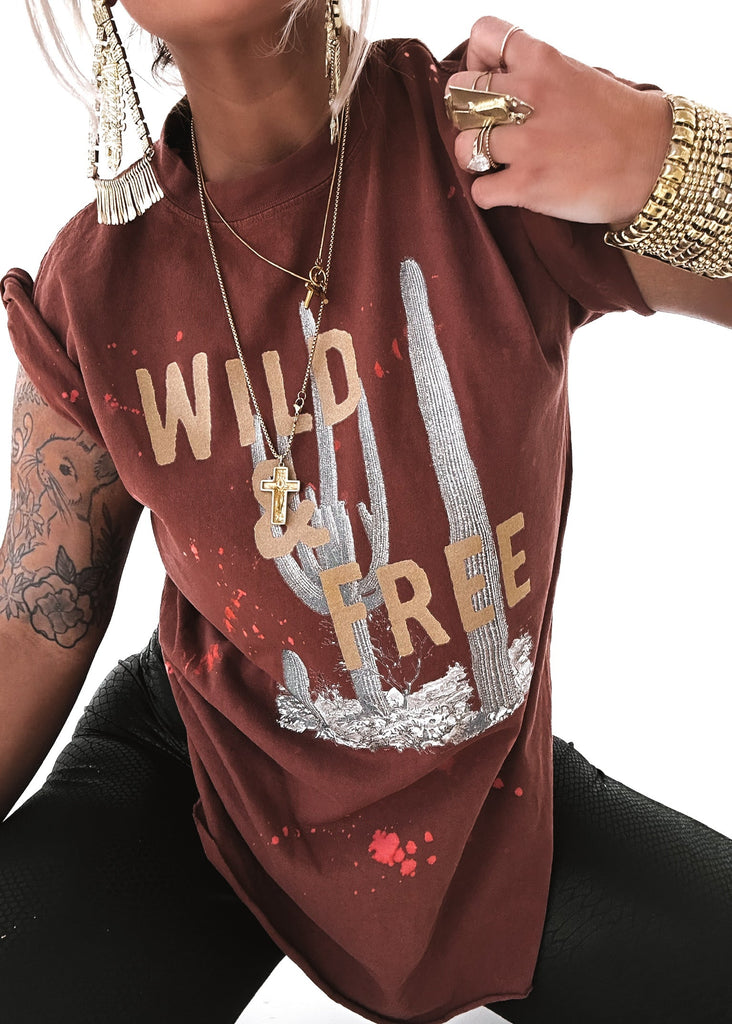 pebby forevee Side Slit Tee WILD AND FREE CACTUS BLEACHED OUT SIDE SLIT TEE