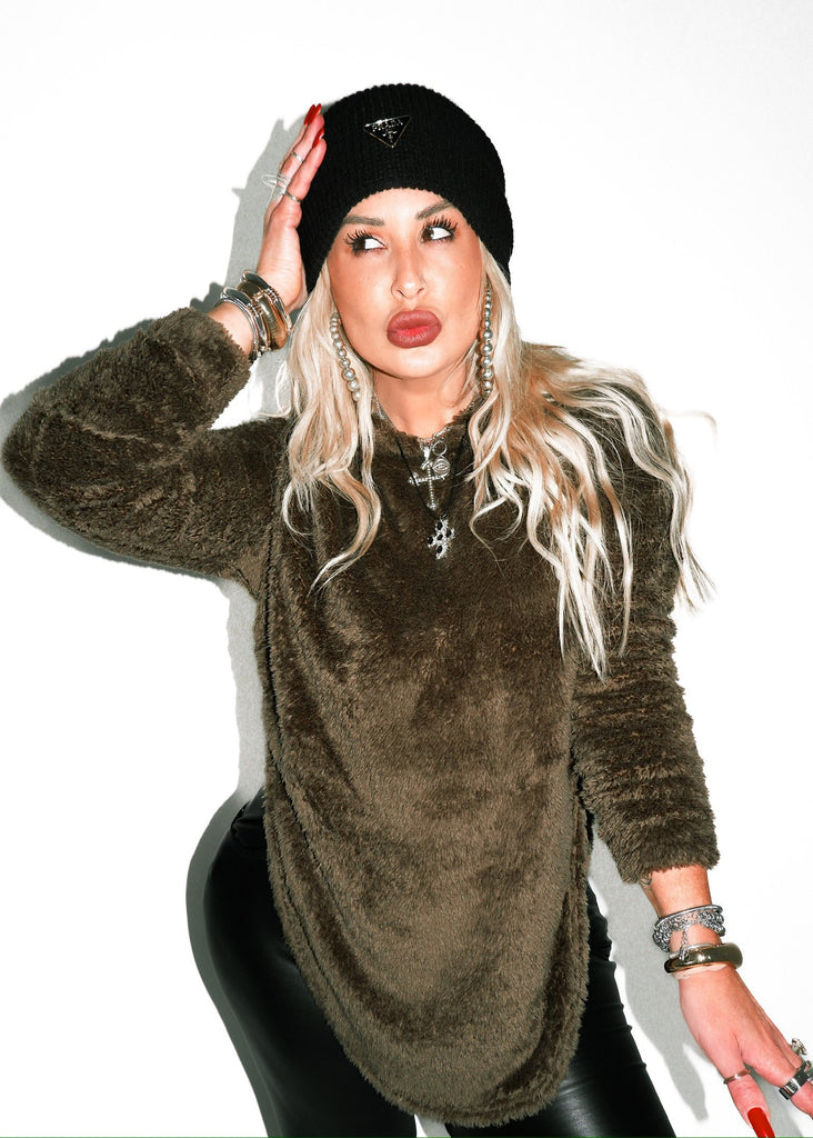 pebby forevee Sweater SHERPA HOODED SIDE SLIT PULLOVER