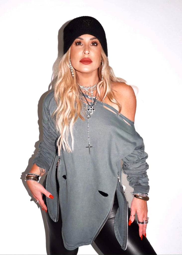 pebby forevee Sweatshirt FINAL SALE: DESTRUCTED SIDE SLIT SWEATSHIRT