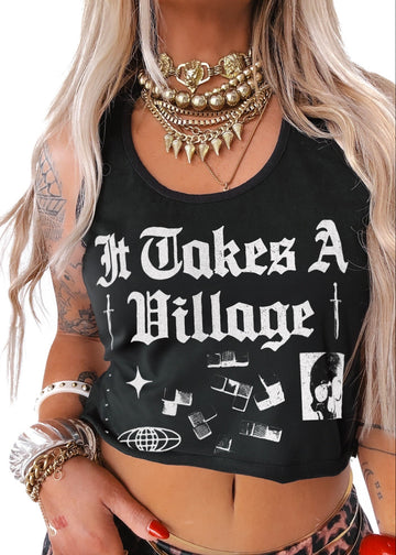 pebby forevee Tank Top CROPPED IT TAKES A VILLAGE GRAPHIC BOYFRIEND TANK