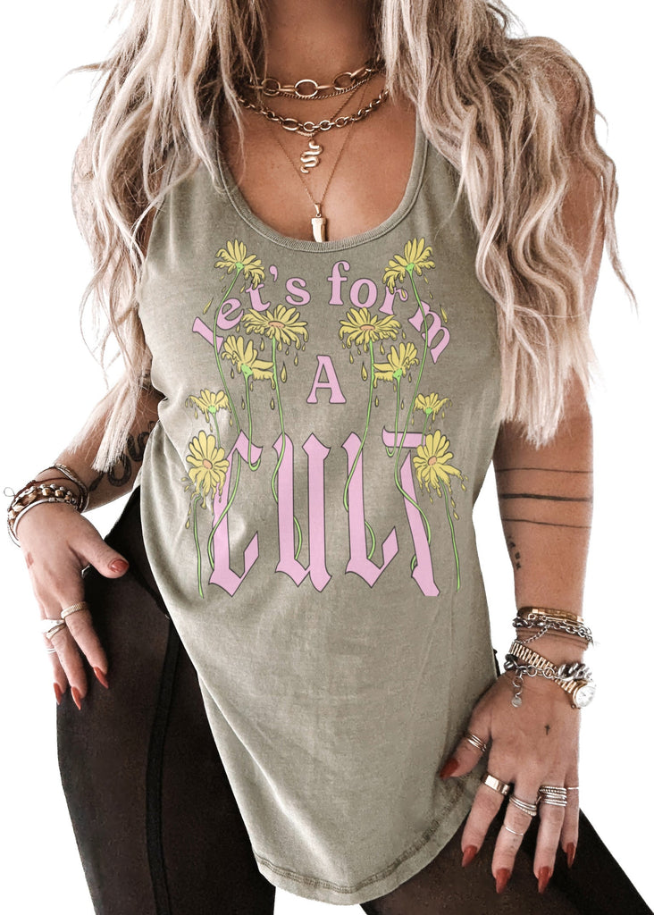 pebby forevee Tank Top LET'S FORM A CULT BOYFRIEND SIDE SLIT TANK