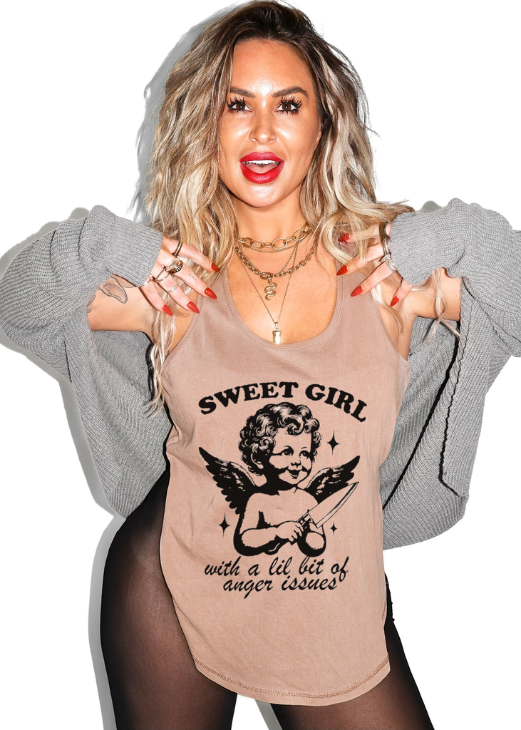 pebby forevee Tank Top SWEET GIRL WITH ANGER ISSUES BOYFRIEND SIDE SLIT TANK