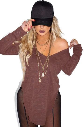 pebby forevee V-Neck Long Sleeve Top LONG SLEEVE V-NECK MINERAL WASHED SIDE SLIT TOP