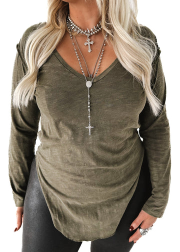 pebby forevee V-Neck Long Sleeve Top LONG SLEEVE V-NECK MINERAL WASHED SIDE SLIT TOP