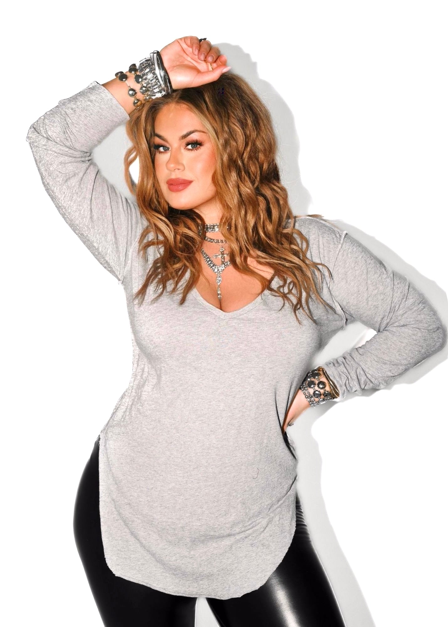 LONG SLEEVE V-NECK SIDE SLIT TOP – Pebby Forevee