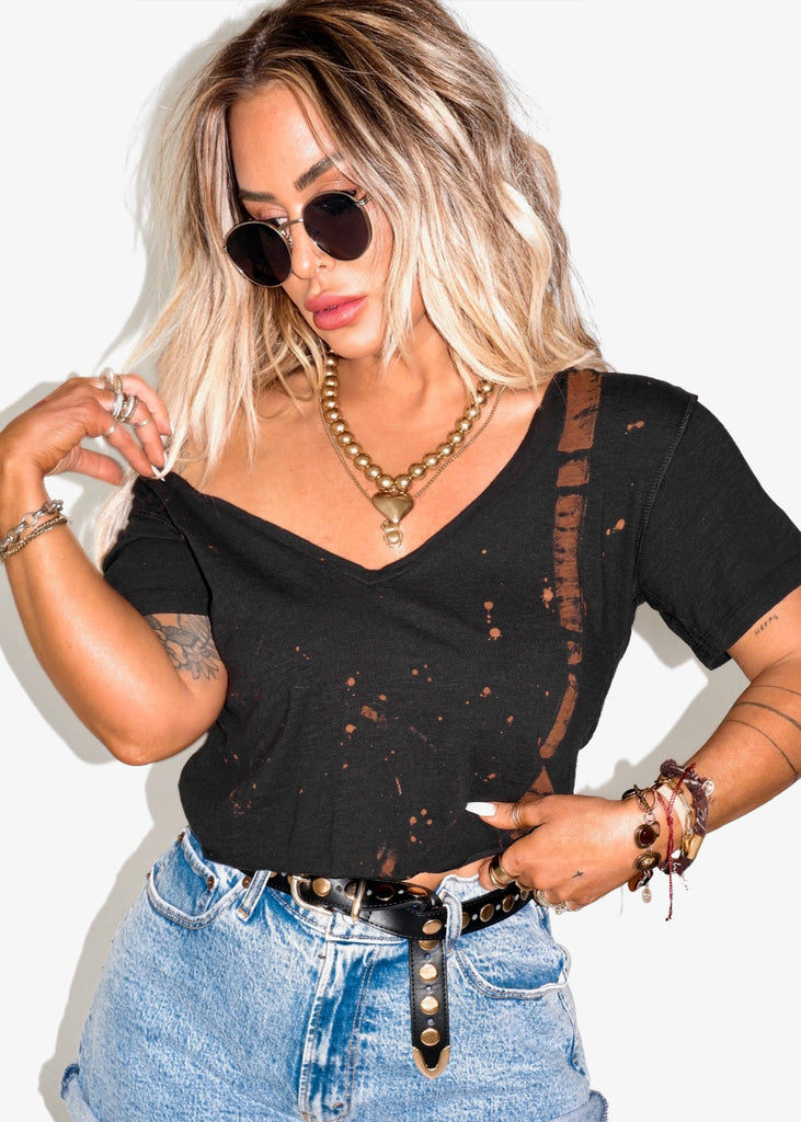 pebby forevee V-Neck Short Sleeve Top CROPPED PREMIUM PLUNGE V-NECK BLEACHED OUT SIDE SLIT TOP