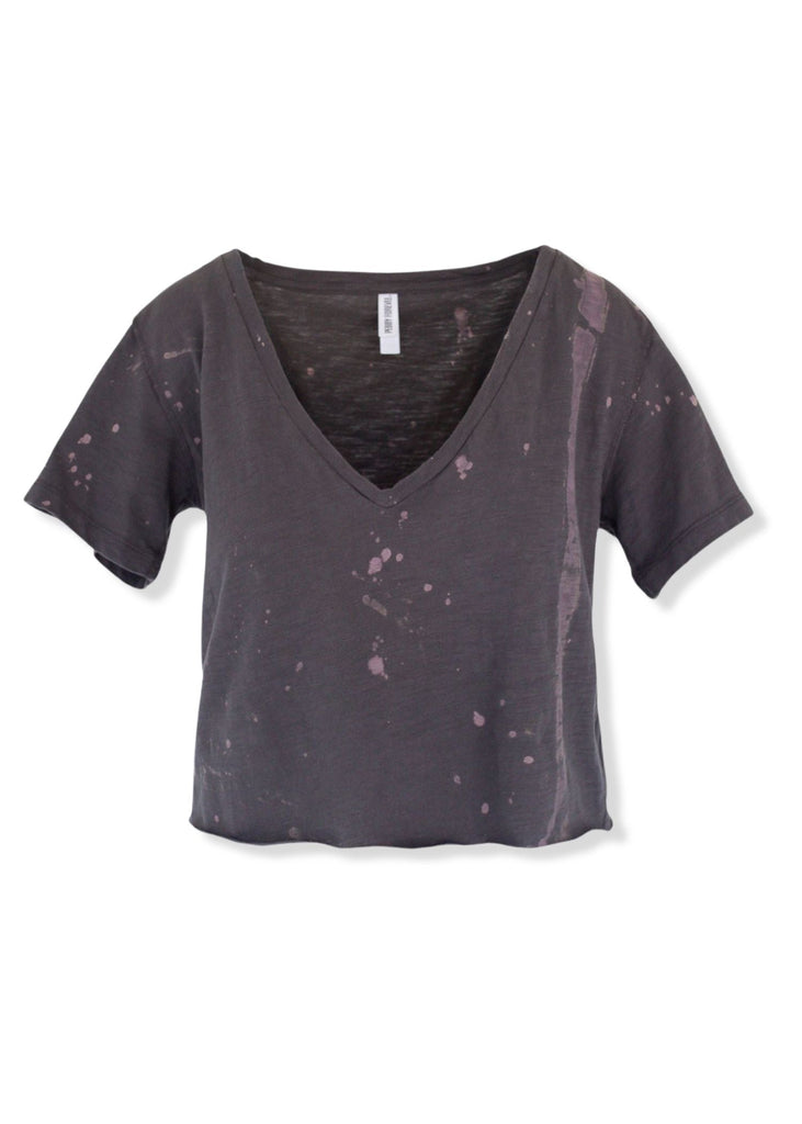 pebby forevee V-Neck Short Sleeve Top CROPPED PREMIUM PLUNGE V-NECK BLEACHED OUT SIDE SLIT TOP