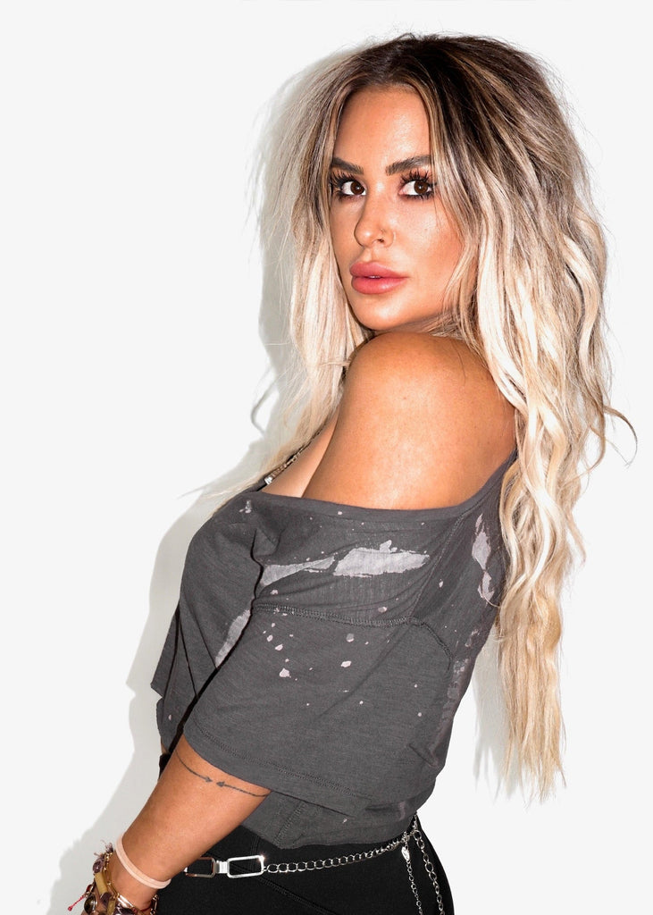 pebby forevee V-Neck Short Sleeve Top CROPPED PREMIUM PLUNGE V-NECK BLEACHED OUT SIDE SLIT TOP