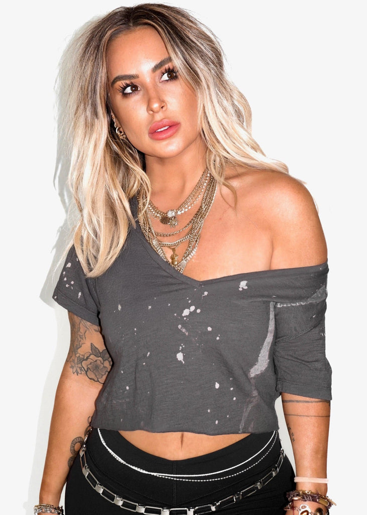 pebby forevee V-Neck Short Sleeve Top CROPPED PREMIUM PLUNGE V-NECK BLEACHED OUT SIDE SLIT TOP