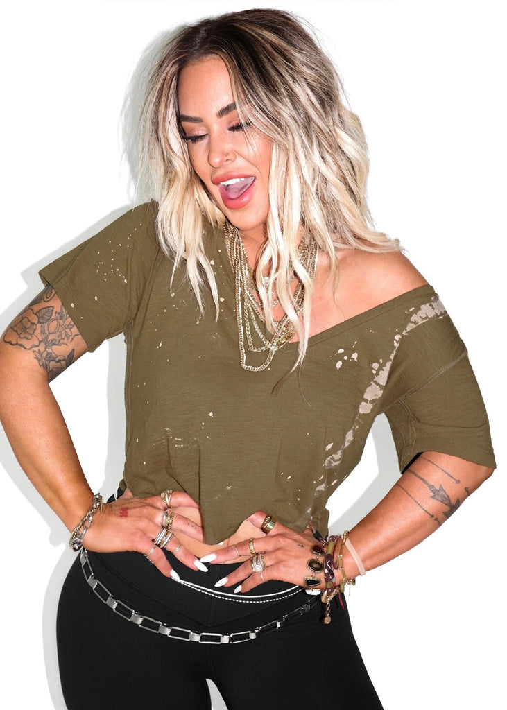 pebby forevee V-Neck Short Sleeve Top CROPPED PREMIUM PLUNGE V-NECK BLEACHED OUT SIDE SLIT TOP