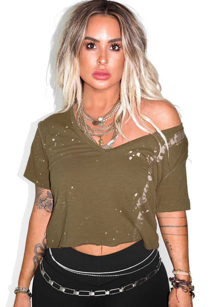 pebby forevee V-Neck Short Sleeve Top CROPPED PREMIUM PLUNGE V-NECK BLEACHED OUT SIDE SLIT TOP